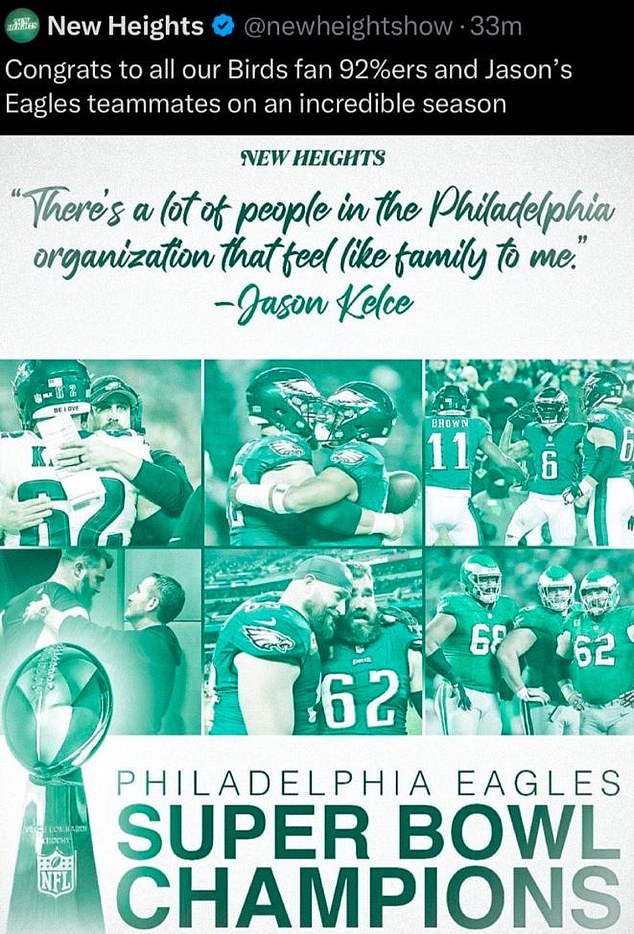 Počast orlovima izbrisan je ubrzo nakon što su u nedjelju pobijedili u Super Bowlu