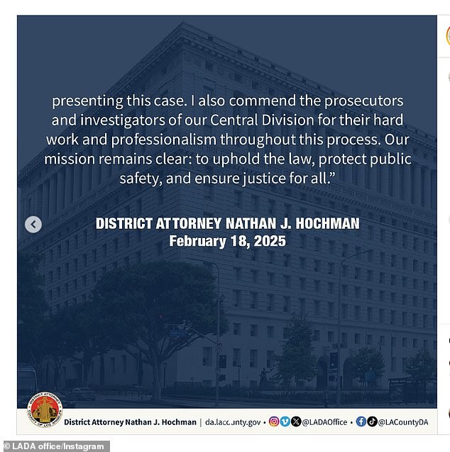 Okružni državni odvjetnik Nathan J. Hochman Is Objavio je izjavu na Instagramu nakon što je u slučaju očišćen $ AP Rocky