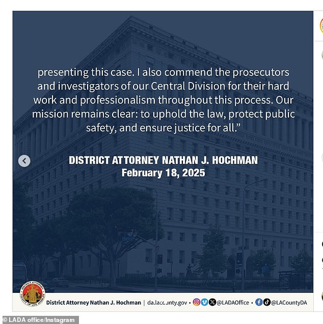 Okružni državni odvjetnik Nathan J. Hochman objavio je izjavu na Instagramu nakon što je u slučaju očišćen $ AP Rocky