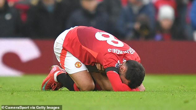 Bruno Fernandes looks in pain as United slump to a 3-1 loss at home to Brighton last month