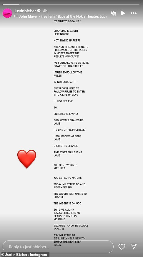 Ranije ovog tjedna Justin je podijelio molitvu na društvenim medijima koja je započela: 'Vrijeme je za odrastanje! Promjena znači puštanje! Ne trudi se! '