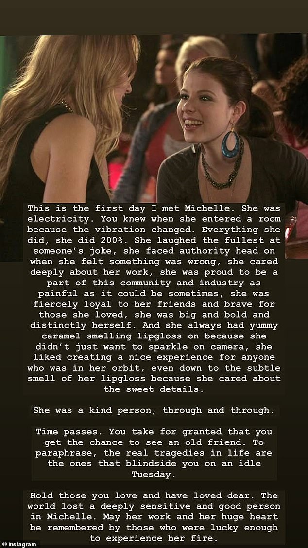 Živahna je podijelila fotografiju od prvog dana koje su se dvoje upoznali na setu popularne TV emisije, napisavši da je Michelle bila 'žestoko odana', kao i 'ljubazna' i 'duboko osjetljiva osoba'