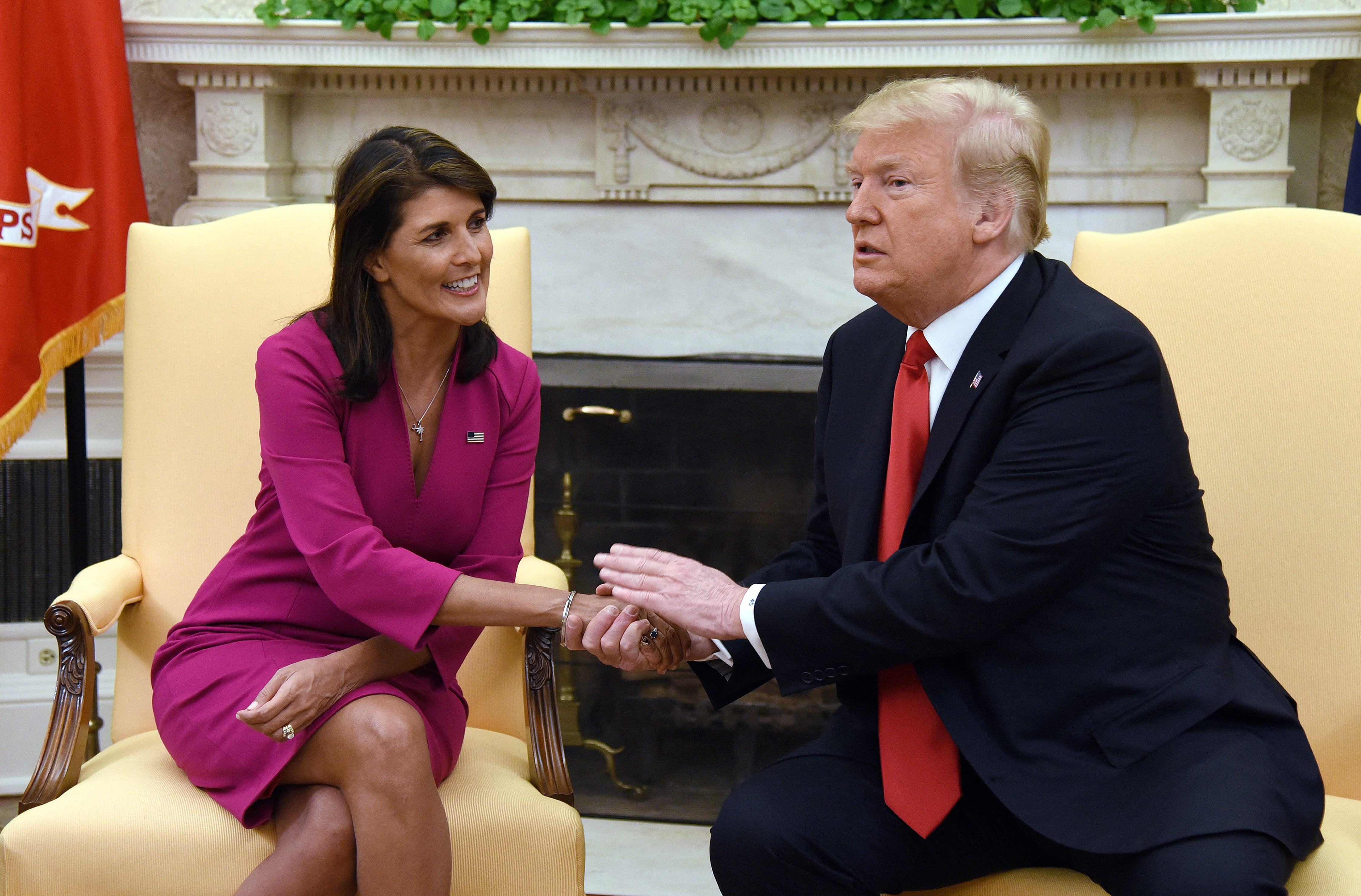 Američki predsjednik Donald Trump rukuje s Nikki Haley, tadašnjim ujedinjenim državnim veleposlanikom u Ujedinjenim narodima 2018. godine