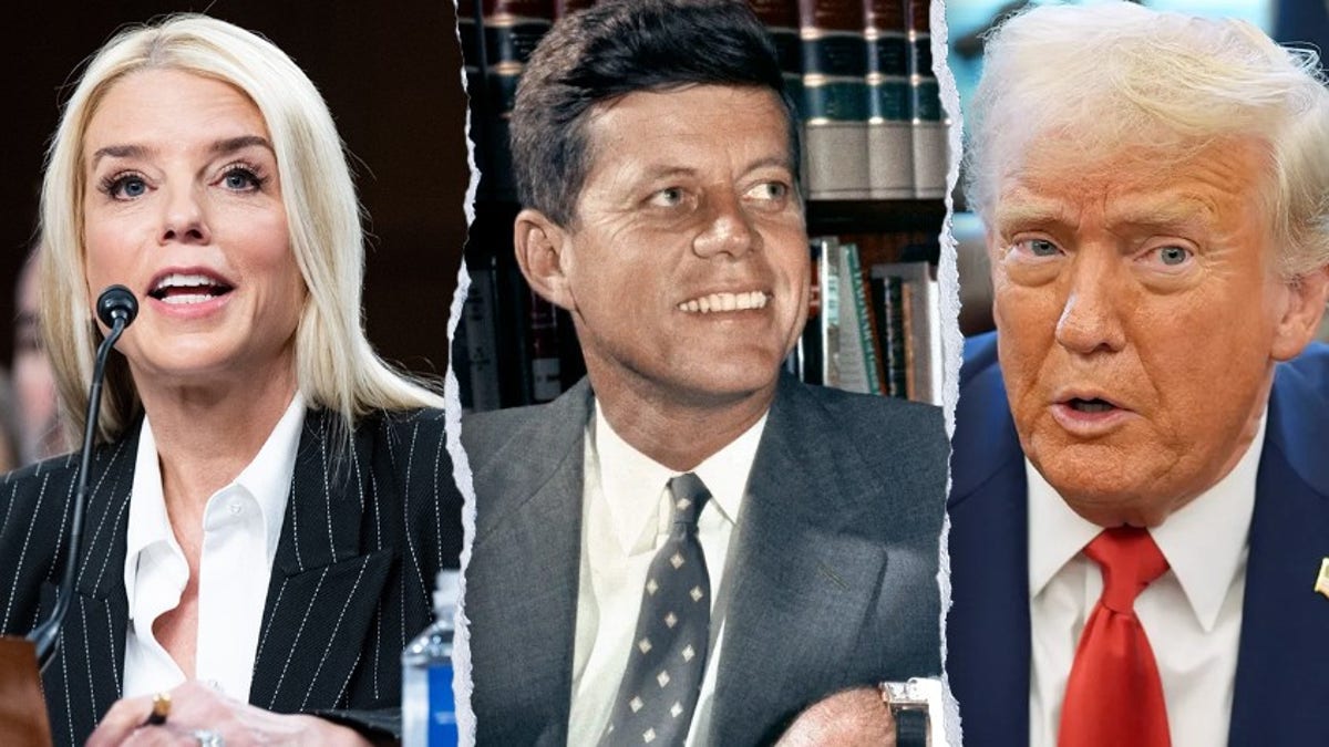 Pam Bondi, JFK i Donald Trump u podijeljenoj slici