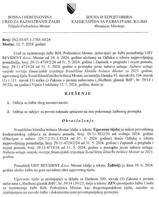 Odbijene revizije u SKB Mostar