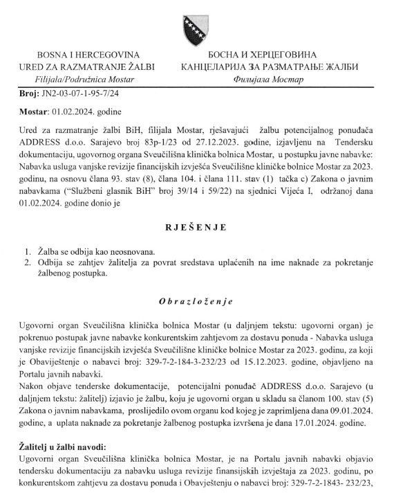 Odbijene revizije u SKB Mostar