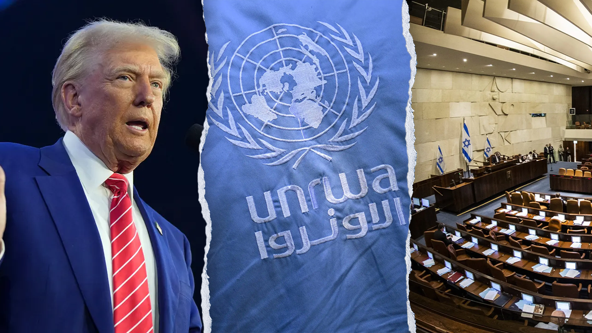 Predsjednik Donald Trump, zastava UNRWA i izraelski Knesset