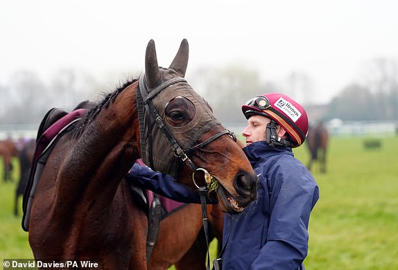 Jockey Paul Townend with Kopek Des Bordes on the gallops at Cheltenham Racecourse, ahead of the 2025 Cheltenham Festival. Picture date: Monday March 10, 2025. PA Photo. Photo credit should read: David Davies/PA Wire.RESTRICTIONS: Use subject to restrictions. Editorial use only, no commercial use without prior consent from rights holder.