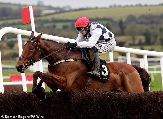 Ballyburn ridden by jockey Paul Townend clears the last hurdle on the way to winning the Conway Piling Beginners Steeplechase at Punchestown Racecourse in County Kildare, Ireland. Picture date: Saturday November 23, 2024. PA Photo. See PA story RACING Punchestown. Photo credit should read: Damian Eagers/PA Wire.RESTRICTIONS: Use subject to restrictions. Editorial use only, no commercial use without prior consent from rights holder.
