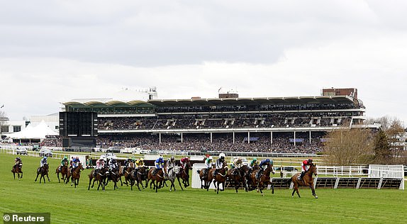 Horse Racing - Cheltenham Festival - Cheltenham Racecourse, Cheltenham, Britain - March 11, 2025 Horses in action during the 14:40 Ultima Handicap Chase REUTERS/Peter Cziborra