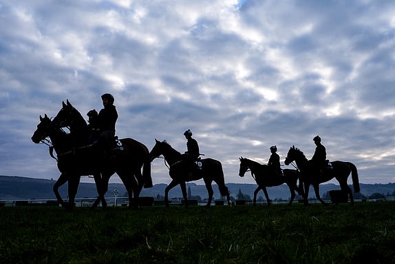 Horses from Gordon Elliott's stable on the gallops ahead of day four of the 2025 Cheltenham Festival at Cheltenham Racecourse. Picture date: Friday March 14, 2025. PA Photo. See PA story RACING Cheltenham. Photo credit should read: Davies Davies for The Jockey Club/PA Wire.RESTRICTIONS: Editorial Use only, commercial use is subject to prior permission from The Jockey Club/Cheltenham Racecourse.
