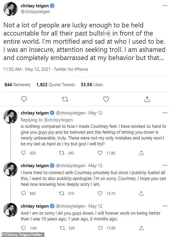 Teigen se kasnije javno i privatno ispričao zbog svojih postova nakon što su se pojavili 2021. godine