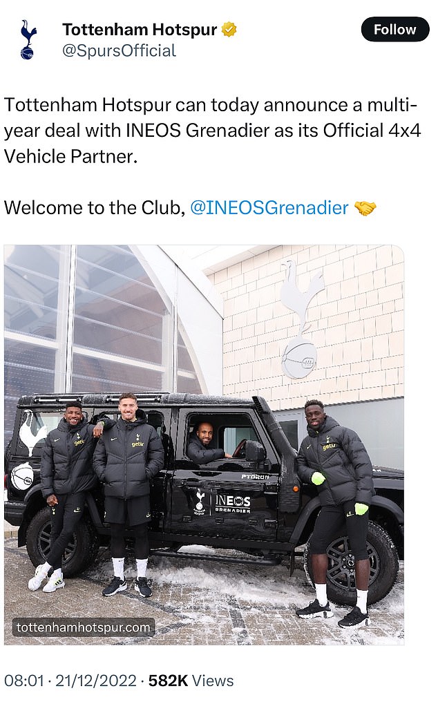 Ineos je bio službeni 4 x 4 partner Spursa preko svog Grenadier vozila. Dogovor je potpisan znatno prije njihovog umiješanosti na Old Trafford