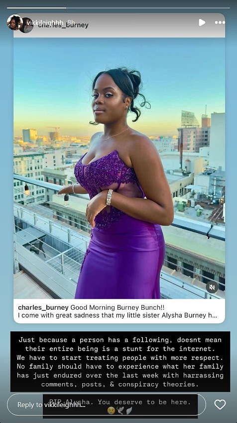 Alyshina prijateljica Vikki, objavila je Charlesov post na svojoj Instagram priči, zajedno s porukom o 