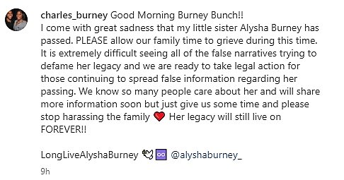 Njezin brat Charles Burney potvrdio je tragične vijesti putem Instagrama u ponedjeljak