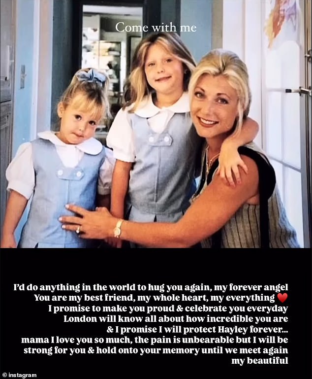 Taylor se zavjetovala da će majčino sjećanje održati živim za svoju sedmomjesečnu kćer London, a obećala je da će 'zaštititi' svoju mlađu sestru Hayley, 32