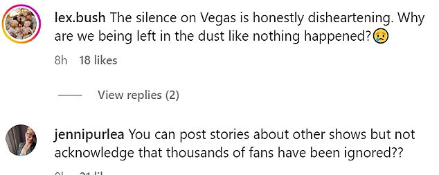 Mnogi obožavatelji komentirali su taj post poput Lexi Busha, koji je rekao: 'Tišina na Vegasu iskreno je odvratna. Zašto nas ostaju u prašini kao da se ništa nije dogodilo? '