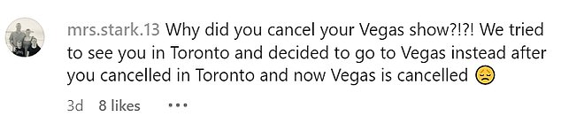 Gospođa Stark 13 rekla je: 'Zašto ste otkazali svoju emisiju Vegas?!?! Pokušali smo vas vidjeti u Torontu i odlučili smo otići u Vegas, nakon što ste otkazali u Torontu, a sada je Vegas otkazan. 