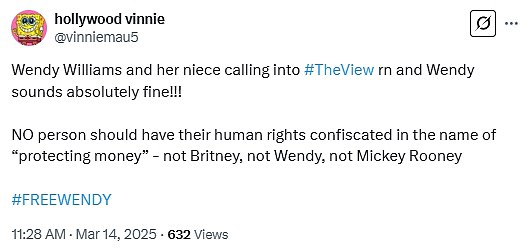 Jedna je osoba reagirala na mreži, 'Wendy zvuči apsolutno u redu !!! Nijedna osoba ne bi trebala imati njihova ljudska prava zaplijenjena u ime 'Zaštita novca' - a ne Britney, a ne Wendy, a ne Mickey Rooney. #Freewendy '