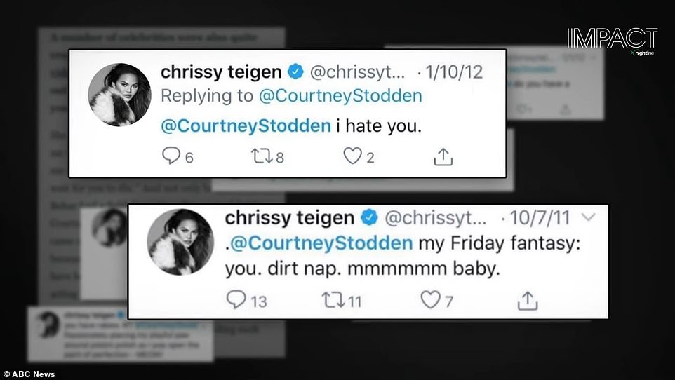 Među postovima istaknutim u prikolici bio je jedan iz 2012. godine, u kojem je Teigen (39) napisao 'Mrzim te' kao odgovor na jedan od Stoddenovih postova, a kasnije je napisala da se nada da je Stodden uzeo 'prljavštinu'