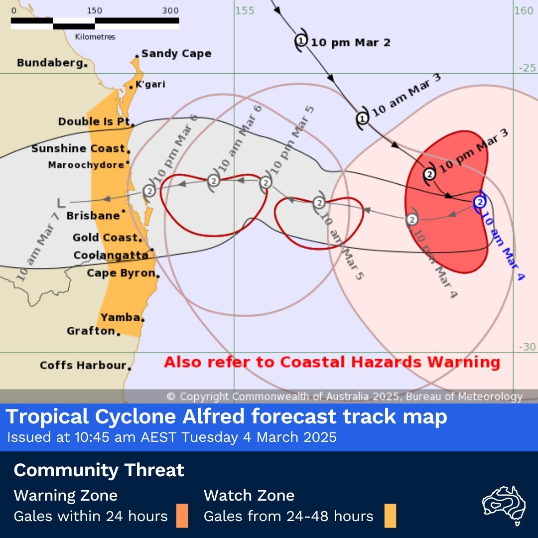 Karta iz Australskog ureda za meteorologiju (BOM) prikazuje projicirani put ciklona Alfreda