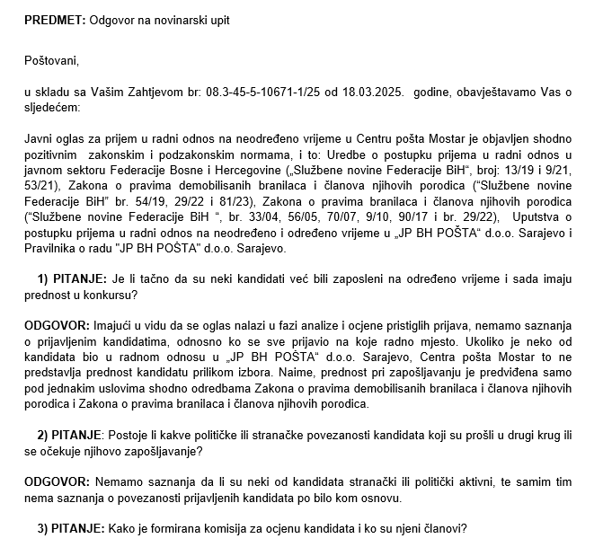 BH POŠTA ODGOVOR