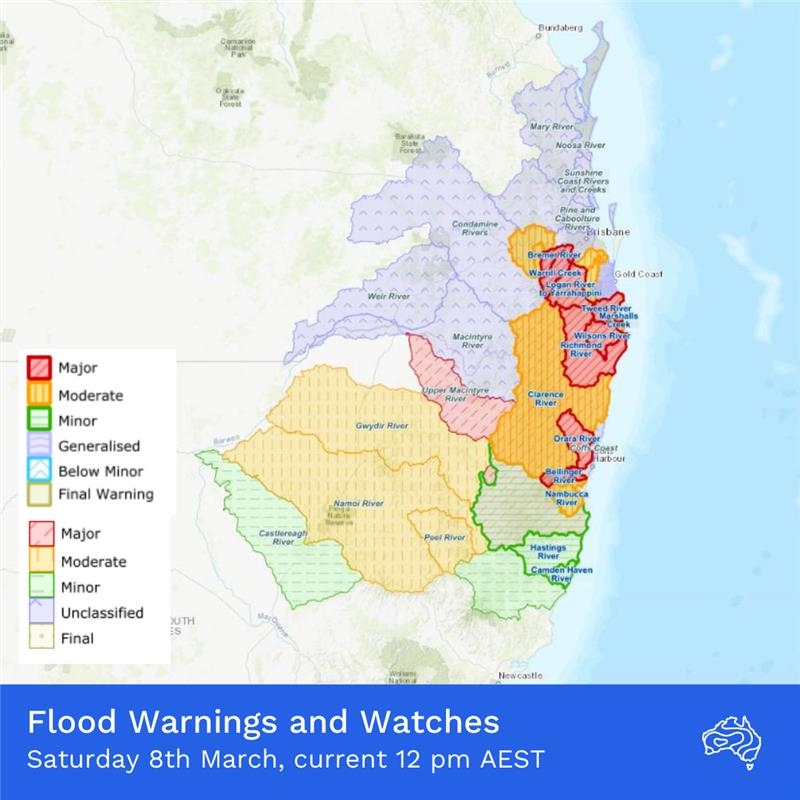 Karta prikazuje sva upozorenja o poplavi i satove na mjestu