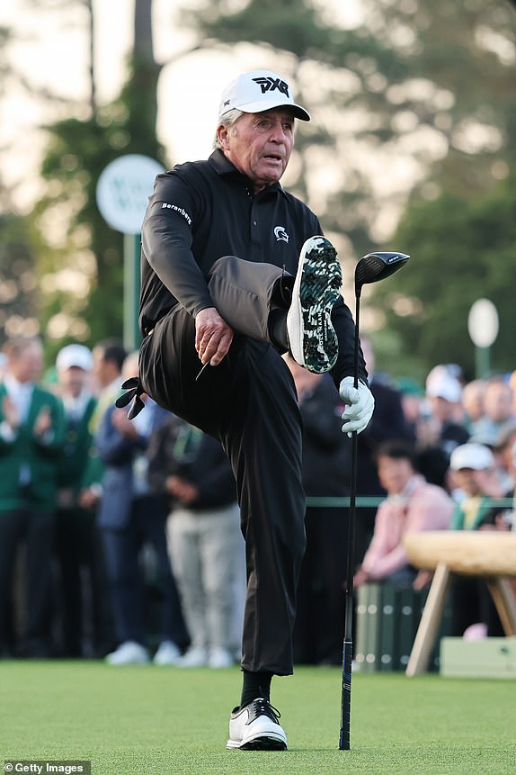 AUGUSTA, GEORGIA - APRIL 10: Honorary Starter Gary Player of South Africa reacts after playing his shot from the first tee during the first round of the 2025 Masters Tournament at Augusta National Golf Club on April 10, 2025 in Augusta, Georgia. (Photo by Michael Reaves/Getty Images)