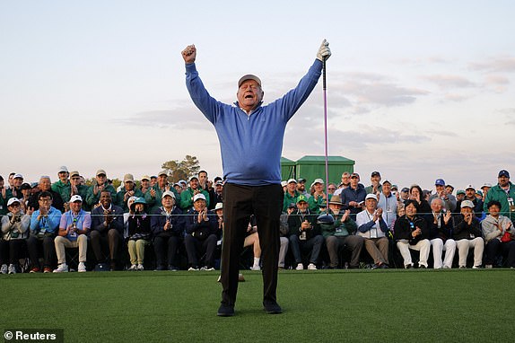 Golf - The Masters - Augusta National Golf Club, Augusta, Georgia, U.S. - April 10, 2025  Jack Nicklaus of the U.S. reacts during the ceremonial tee off REUTERS/Brian Snyder