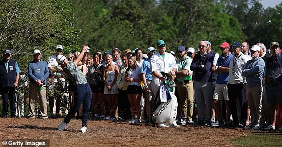 AUGUSTA, GEORGIA - APRIL 10: Collin Morikawa of the United States plays his second shot on the fifth hole during the first round of the 2025 Masters Tournament at Augusta National Golf Club on April 10, 2025 in Augusta, Georgia. (Photo by Richard Heathcote/Getty Images)