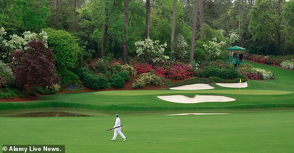 Alamy Live News. 3AFFTYR Augusta, United States. 07th Apr, 2025. Chris Kirk's caddie Michael Cromie walks by the 12h hole and tours Amen Corner before play is suspended due to lightning and thunderstorms in the area during a practice round leading up the Masters Tournament at Augusta National Golf Club in Augusta, Georgia on Monday, April 7, 2025. Photo by John Angelillo/UPI Credit: UPI/Alamy Live News This is an Alamy Live News image and may not be part of your current Alamy deal . If you are unsure, please contact our sales team to check.