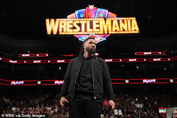 SACRAMENTO, CALIFORNIA - APRIL 14: Jey Uso during Monday Night RAW at Golden 1 Center on April 14, 2025 in Sacramento, California.  (Photo by Mike Owens/WWE via Getty Images)