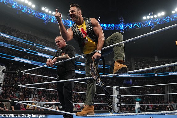 SEATTLE, WASHINGTON - APRIL 11: Randy Orton and LA Knight look on during SmackDown at Climate Pledge Arena on April 11, 2025 in Seattle, Washington.  (Photo by Mike Owens/WWE via Getty Images)