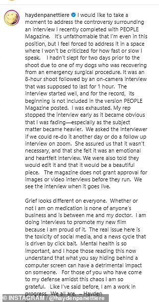 Nedugo zatim, Hayden je prekršila svoju tišinu zbog brige svog intervjua o svom Instagram stranici