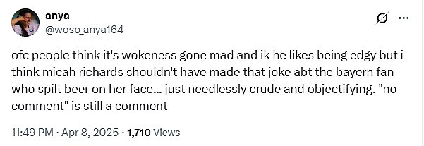 Neki obožavatelji su se uputili na društvene medije kako bi označili Richards 'komentar' bespotrebno sirova i objektivizacija '