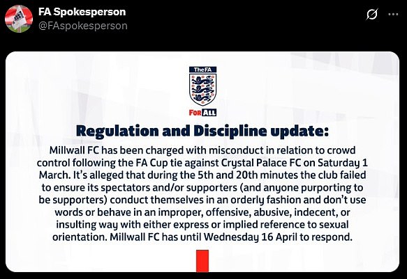 FA je najavio optužbu u četvrtak i dao Millwall do 16. travnja da odgovori