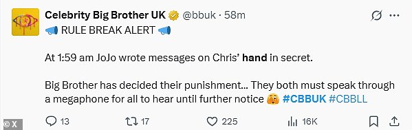 Čini se da Big Brother nije bio impresioniran kasnim noćnim komunikacijama, jer je službeni X račun emisije kasnije otkrio da će njih dvoje biti kažnjen za pauzu pravila