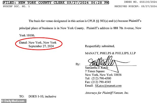 Kopija poziva na predmet pokazuje da je datiran 27. rujna 2024., sedam tjedana nakon što završi s američkom premijerom