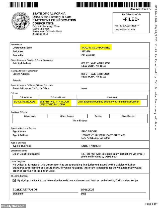 Podnošenje kalifornijske tvrtke 2021. godine za Vanzan Inc navodi poslovnu adresu u New Yorku koja odgovara uredu koju Reynolds koristi za svoje poslovno upravljanje i izvršni direktor kao 