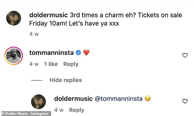 Dvojac je izveo svoju prvu glavnu predstavu u siječnju u Tynemouthu, a Tom je podijelio svoju podršku na njih na Instagramu, komentirajući Emoji ljubavnog srca na njihovom posljednjem postu prošlog mjeseca