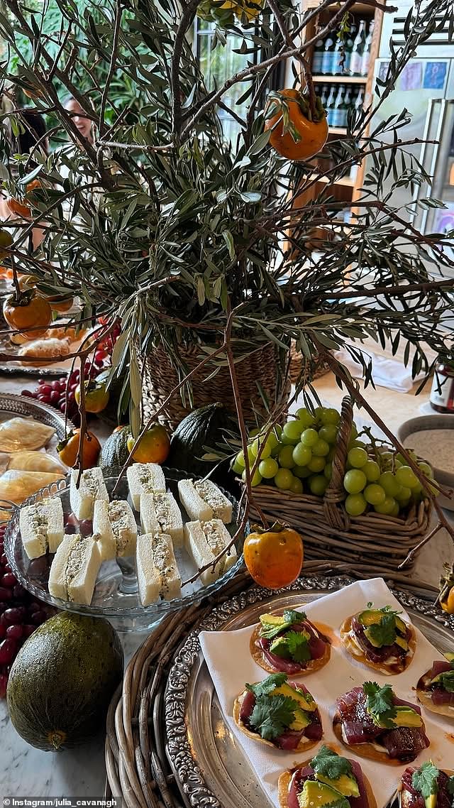Ukusni povoljni hors d'Oeuvres kružili su se oko tuša, uključujući izbočine kavijara, zapečenog lososa i vrhnja ispunjene krafne