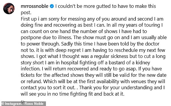 Britanski standup komičar i glumac, 48, koji je trenutno u Australiji, objavio je snimke iz svog bolničkog kreveta kako bi objavio vijest svojim 59.600 sljedbenika