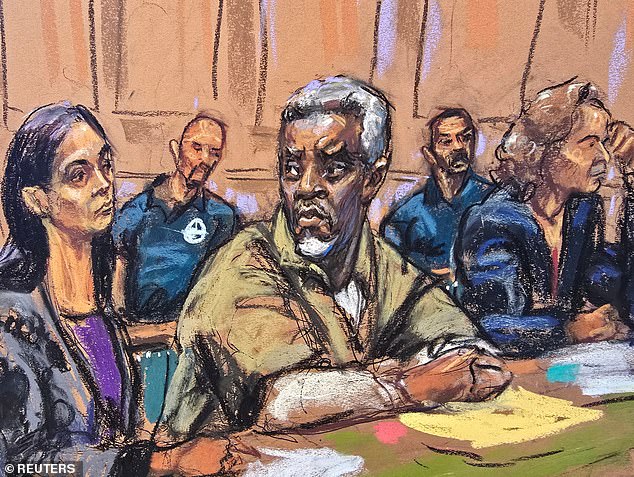 Sudska skica prikazuje sive češljeve na njegovom prethodnom ročištu gdje je prošlog tjedna sjedio zajedno s odvjetnicima Marc Agnifilio i Teny Geragos