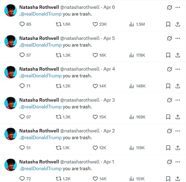 Rothwell redovito tweetira Trumpa od prošlog listopada s frazom 'ti si smeće' od prošlog listopada, s ukupnim brojem koji lako pomrači 100