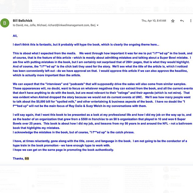 Belichickova djevojka Hudson podijelila je u utorak e -mail od trenera na Instagramu