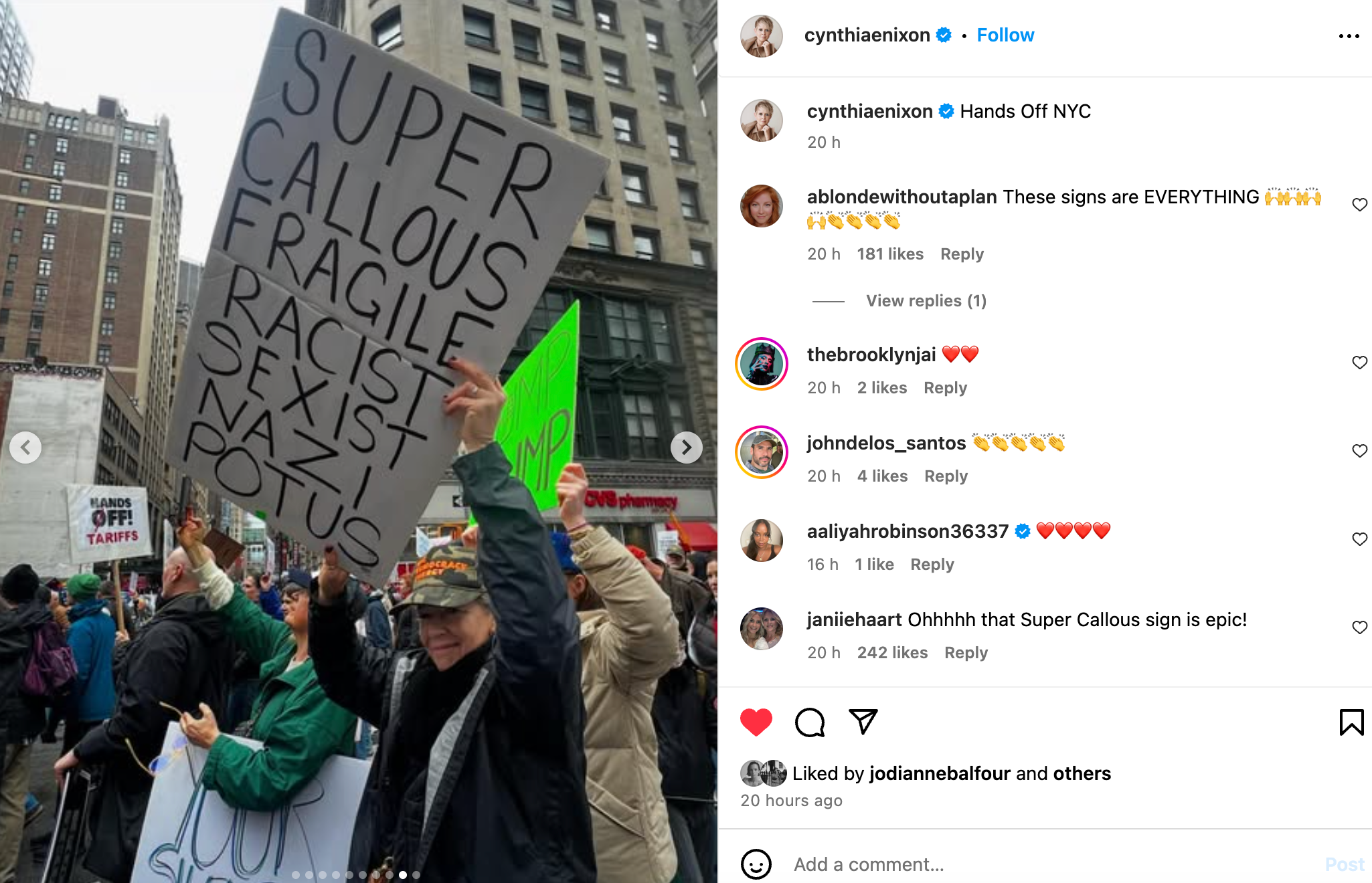 Cynthia Nixon prisustvovala je NYC Hands off Protest, gdje je fotografirala neke od svojih najdražih znakova