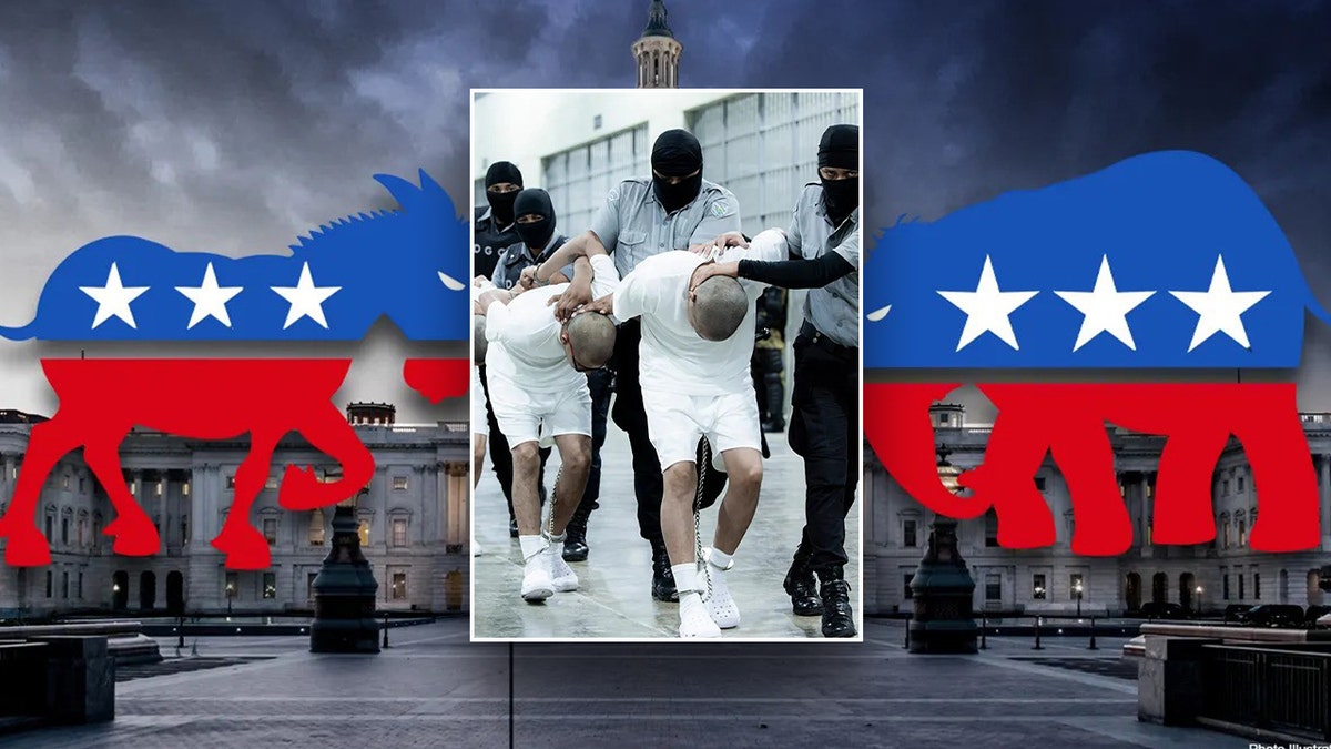 Umetanje: zatočenici u zatvoru Salvadoran; Glavna slika: Demokrat, GOP logotipi