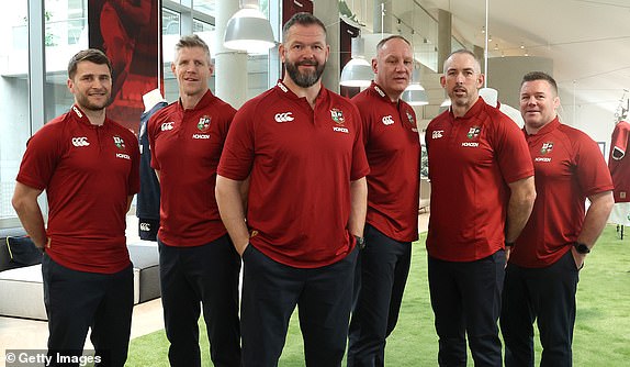 LONDON, ENGLAND - MARCH 26:  (L-R)  Richard Wigglesworth, England, Simon Easterby, Ireland, Andy Farrell, the British and Irish Lions head coach, John Dalziel, Scotland, Andrew Goodman, Ireland and John Fogarty of Ireland pose during British & Irish Lions Coaching Announcement at Canterbury Offices on March 26, 2025 in London, England. (Photo by David Rogers/Getty Images)