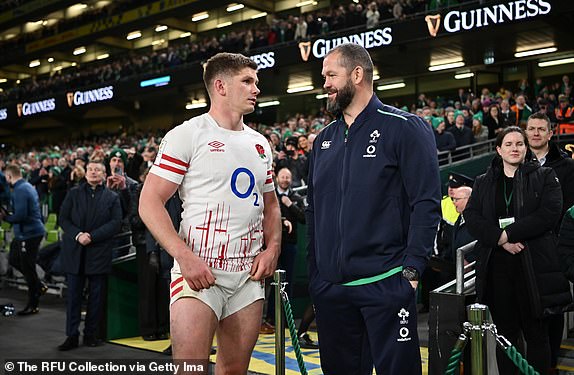 DUBLIN, IRELAND - MARCH 18: Owen Farrell of England talks to his father, Andy Farrell, Head Coach of Ireland following the Six Nations Rugby match between Ireland and England at Aviva Stadium on March 18, 2023 in Dublin, Ireland. (Photo by Dan Mullan - RFU/The RFU Collection via Getty Images)