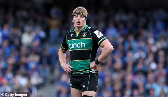 DUBLIN, IRELAND - MAY 03:  Henry Pollock of Northampton Saints looks on during the Investec Champions Cup semi-final match between Leinster Rugby and Northampton Saints at the Aviva Stadium on May 03, 2025 in Dublin, Ireland. (Photo by David Rogers/Getty Images)